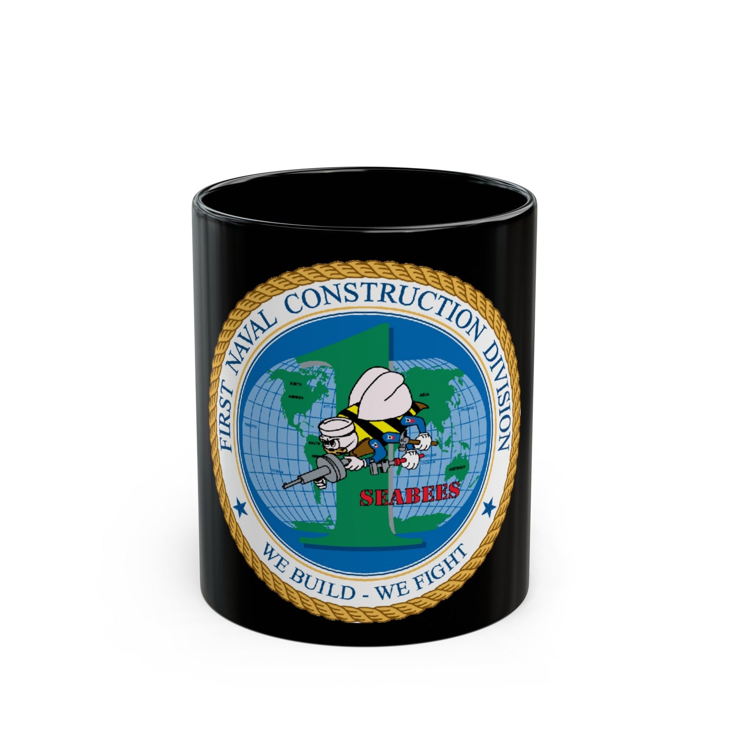 1st Naval Construction Div Seabee (U.S. Navy) Black Coffee Mug-11oz-The Sticker Space
