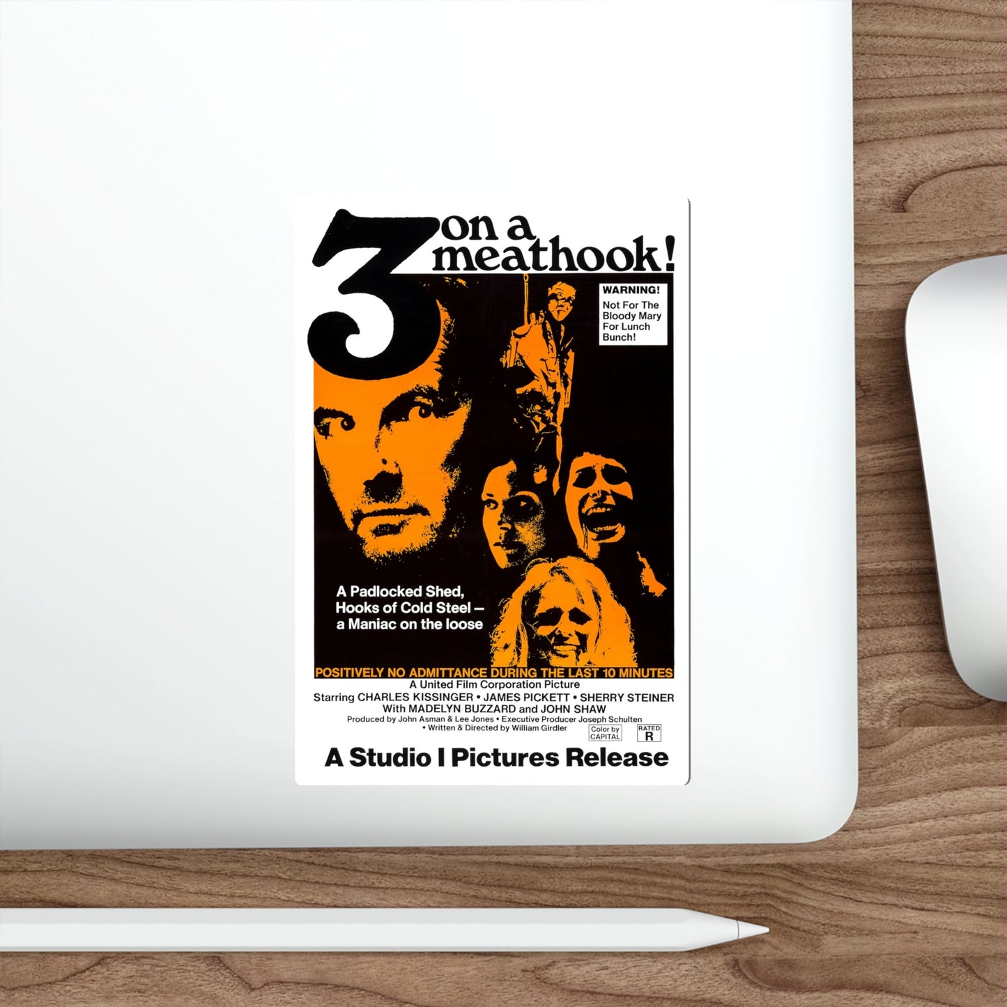 3 ON A MEATHOOK! 1972 Movie Poster STICKER Vinyl Die-Cut Decal-The Sticker Space