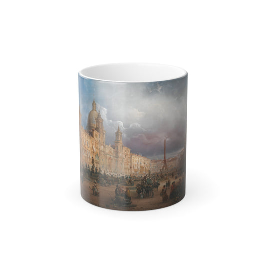 Carlo Bossoli (1815-1884) A Bustling Market on the Piazza Navona in Rome - Color Changing Mug 11oz-11oz-The Sticker Space