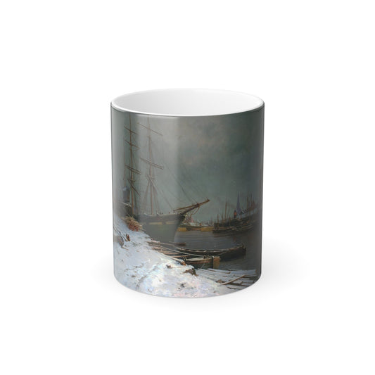 Charles Brooke Branwhite (1851-1929) London Harbor in the Snow - Oil on Canvas - Color Changing Mug 11oz-11oz-The Sticker Space