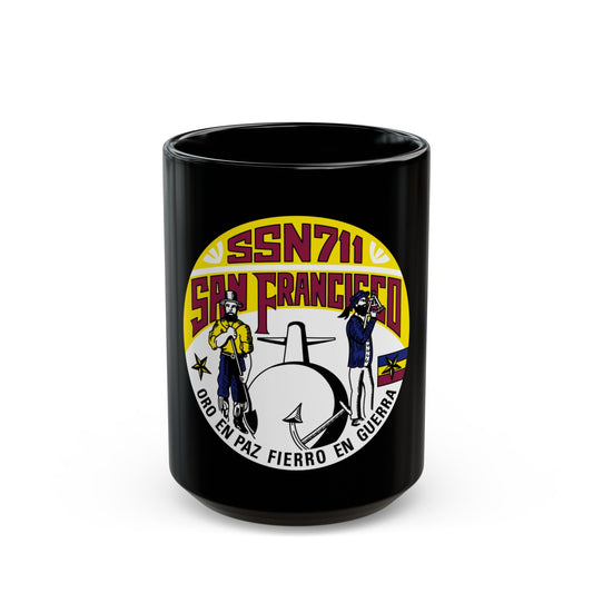SSN711 San Francisco Oro En Paz Fierro En Guerra (U.S. Navy) Black Coffee Mug-15oz-The Sticker Space