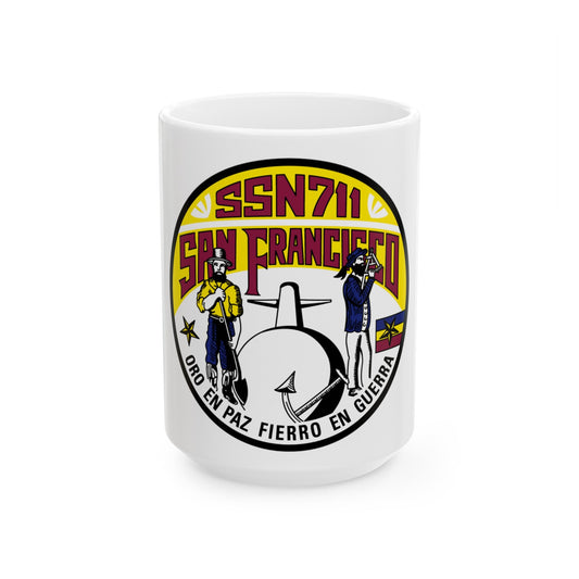 SSN711 San Francisco Oro En Paz Fierro En Guerra (U.S. Navy) White Coffee Mug-15oz-The Sticker Space