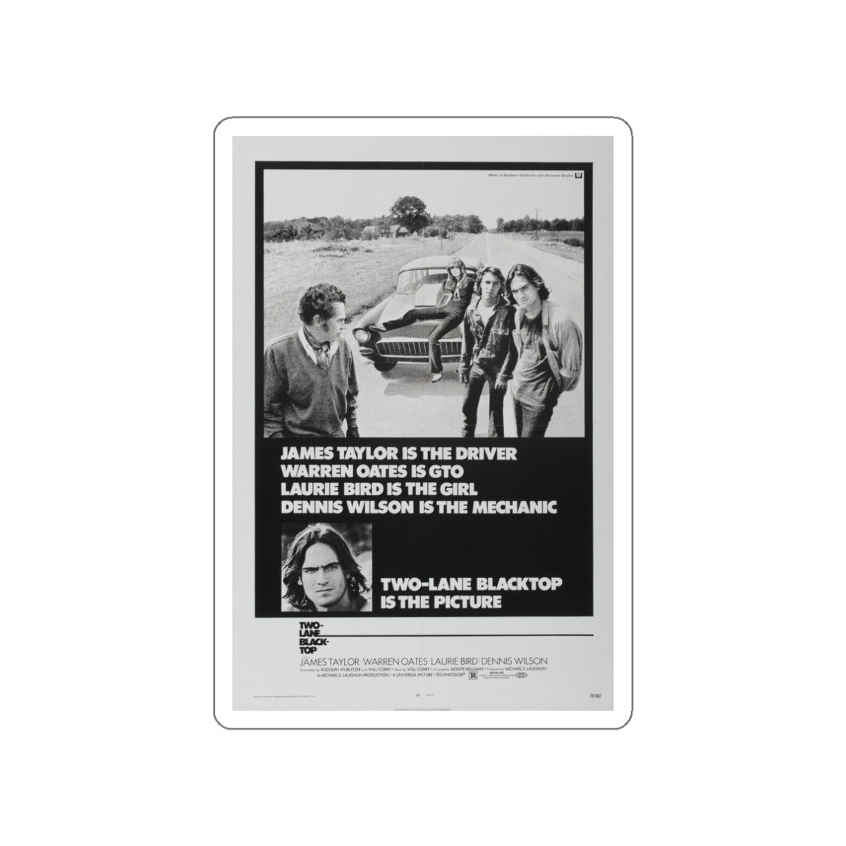 TWO-LANE BLACKTOP 1971 Movie Poster STICKER Vinyl Die-Cut Decal-White-The Sticker Space