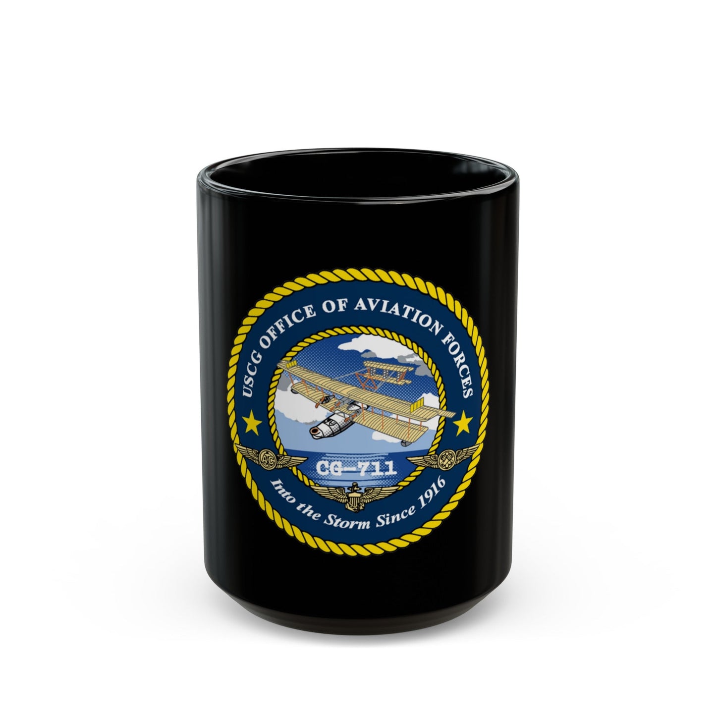 USCG OFFICE OF AVIATION FORCES CG 711 (U.S. Coast Guard) Black Coffee Mug-15oz-The Sticker Space