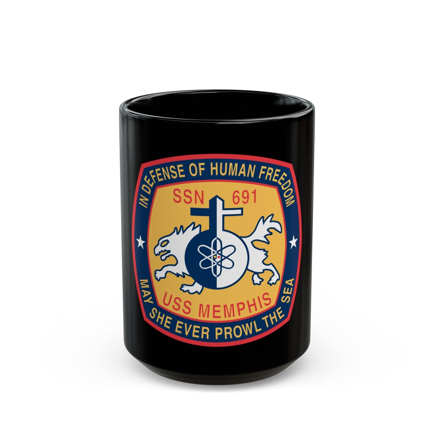 USS Memphis SSN 691 In Defence of the Human Freedom (U.S. Navy) Black Coffee Mug-15oz-The Sticker Space
