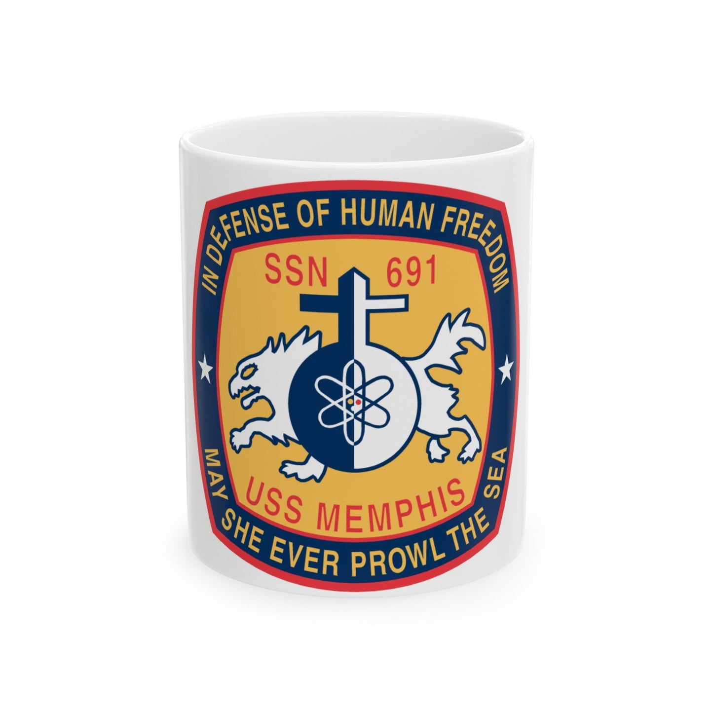 USS Memphis SSN 691 In Defence of the Human Freedom (U.S. Navy) White Coffee Mug-11oz-The Sticker Space