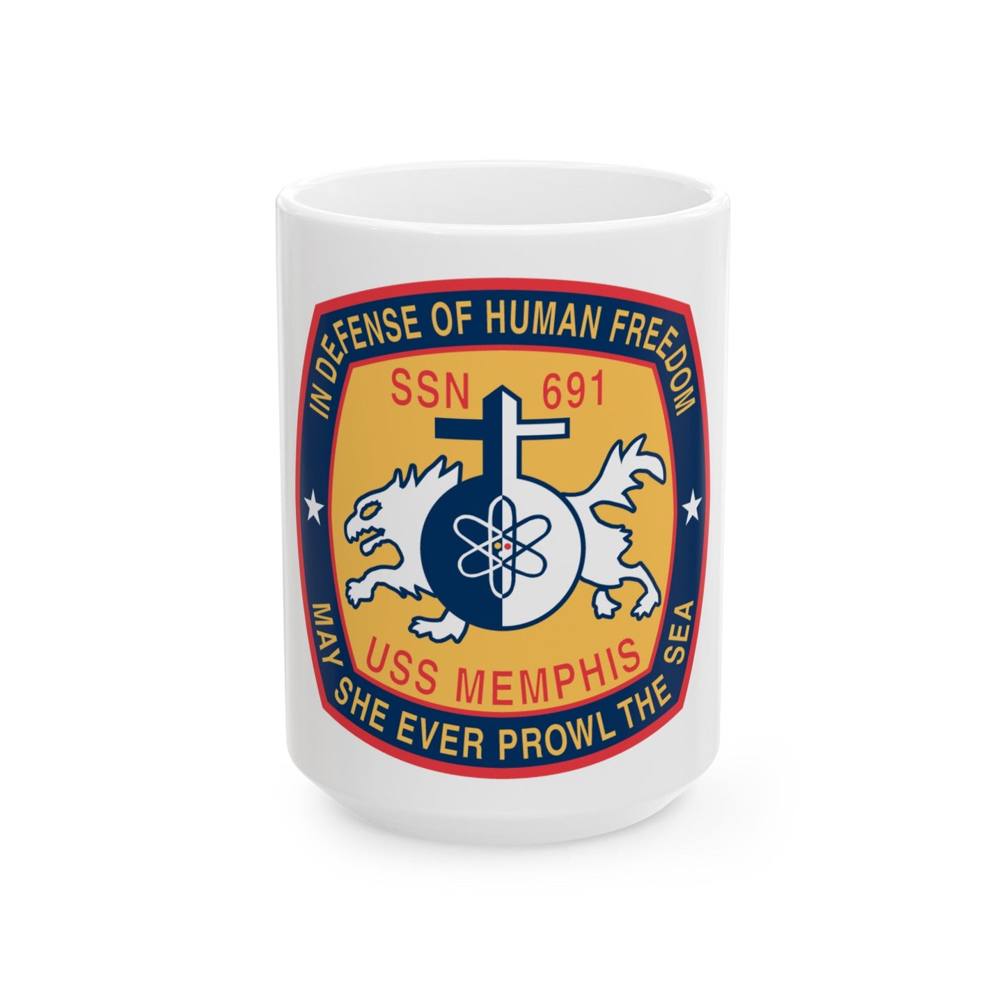 USS Memphis SSN 691 In Defence of the Human Freedom (U.S. Navy) White Coffee Mug-15oz-The Sticker Space